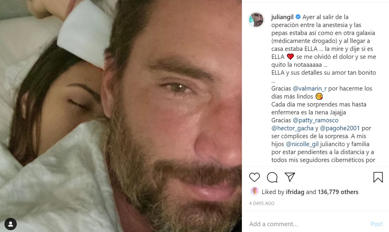 Un día después de la operación, el actor publicó 
<b><a href="https://www.instagram.com/p/CEogfXBM-UP/" target="_blank">esta foto</a></b> en Instagram sobre su convalecencia. Junto a él, y en la cama, estaba Valeria Marín, quien había viajado de sorpresa desde México para acompañarlo en la recuperación. 
<br>