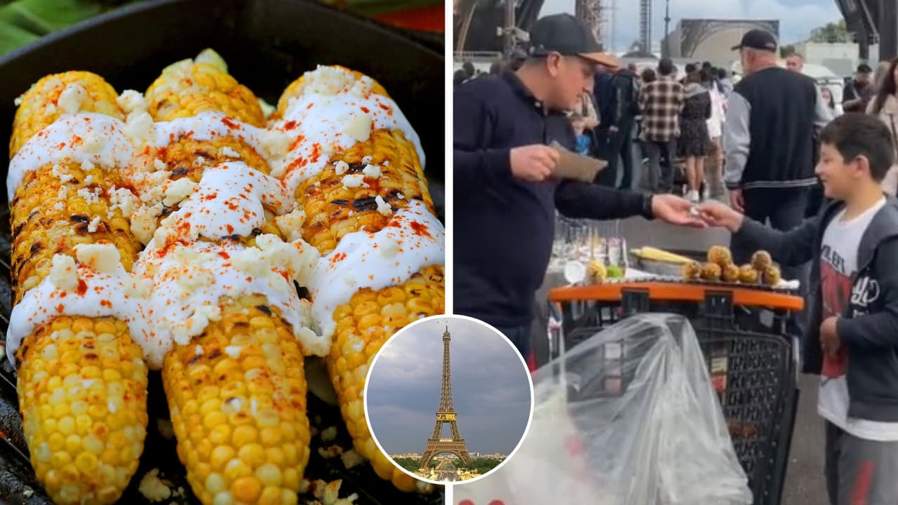 Hombre vende elotes preparados en la torre Eiffel y mexicanos lo critican: "Falta el chilito"