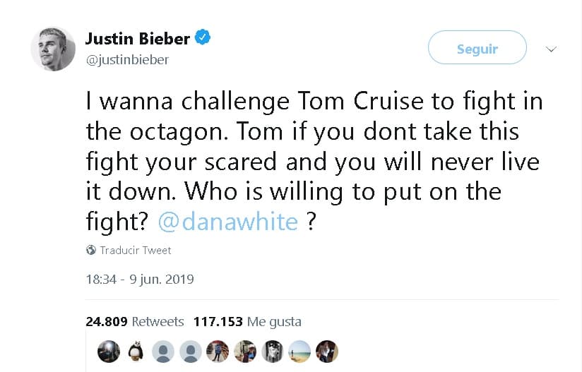 "Quiero desafiar a Tom Cruise para luchar en el octágono. Tom, si no tomas esta pelea, estás asustado y nunca lo harás", 
<b><a href="https://twitter.com/justinbieber/status/1137880621848584193" target="_blank">escribió Bieber en Twitter</a></b>, para después etiquetar al jefe de la UFC, Dana White, para invitarlo a promover la pelea. "¿Quién está dispuesto a pelear (por el combate)?", preguntó el esposo de la modelo Hailey Baldwin.