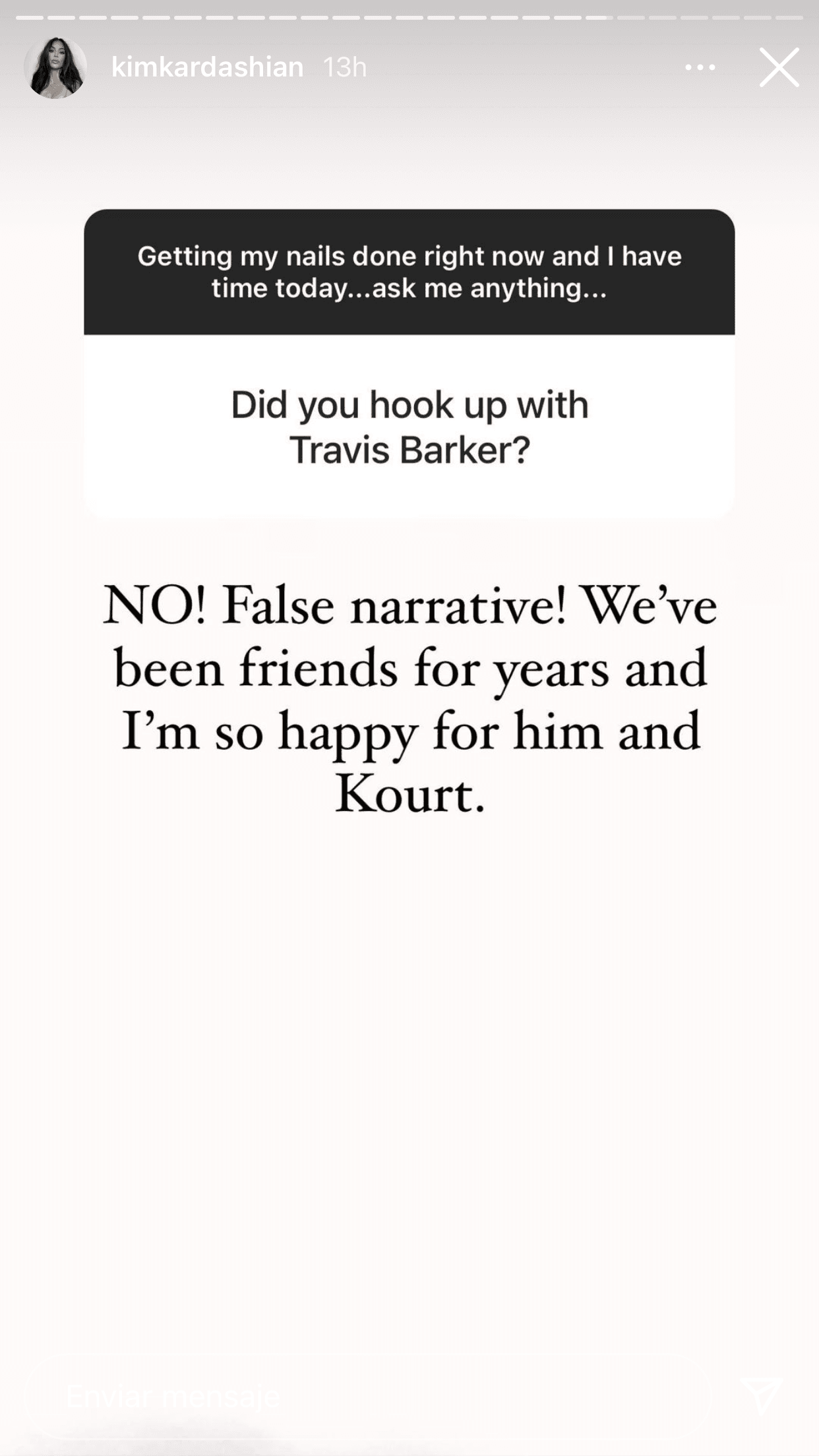 "
<b>¡No! ¡Falsa narrativa! </b>Hemos sido amigos durante años y estoy muy feliz por él y 'Kourt'", aclaró.
<br>
