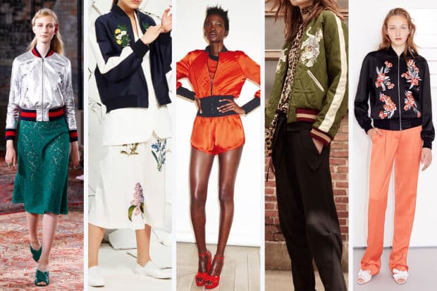 3. Varsity and Souvenir Jackets. Las bomber jackets de seda son el factor cool en tu outfit combinándolas para cualquier ocasión. Van perfecto con jeans, vestidos largos o pantalones tuxedo. Algunas marcas y diseñadores que la propusieron fueron: Sonia Rykiel, Jonathan Saunders y Gucci.
