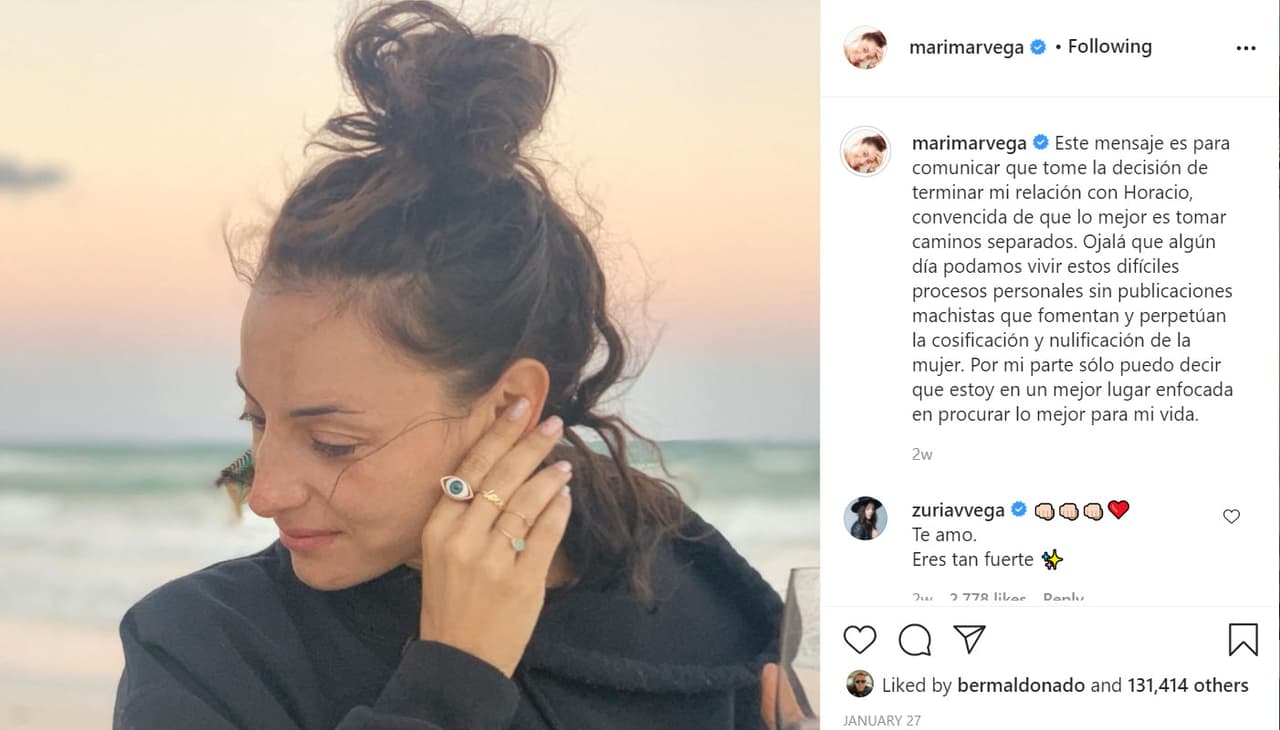 La hija del fallecido Gonzalo Vega confirmó la mañana del 27 de enero que
<b><a href="https://www.univision.com/famosos/marimar-vega-termino-horacio-pancheri" target="_blank"> terminó su relación amorosa </a></b>con el argentino, poniendo fin a una historia de amor que inició en marzo de 2019.