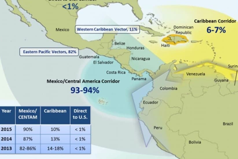 Este mapa de la DEA muestra que los narcos sudamericanos prefieren las rutas marítimas del Pacífico.