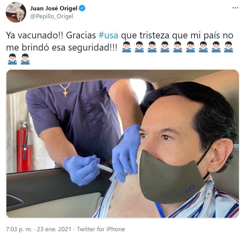 El 23 de enero,
<b><a href="https://www.univision.com/famosos/juan-jose-origel-polemica-medios-internacionales-vacunado-miami-sin-ser-residente-covid-19-fotos">Juan José Origel</a></b> compartió en Twitter que se había puesto la primera dosis de la vacuna contra el covid-19 en Miami.
<br>