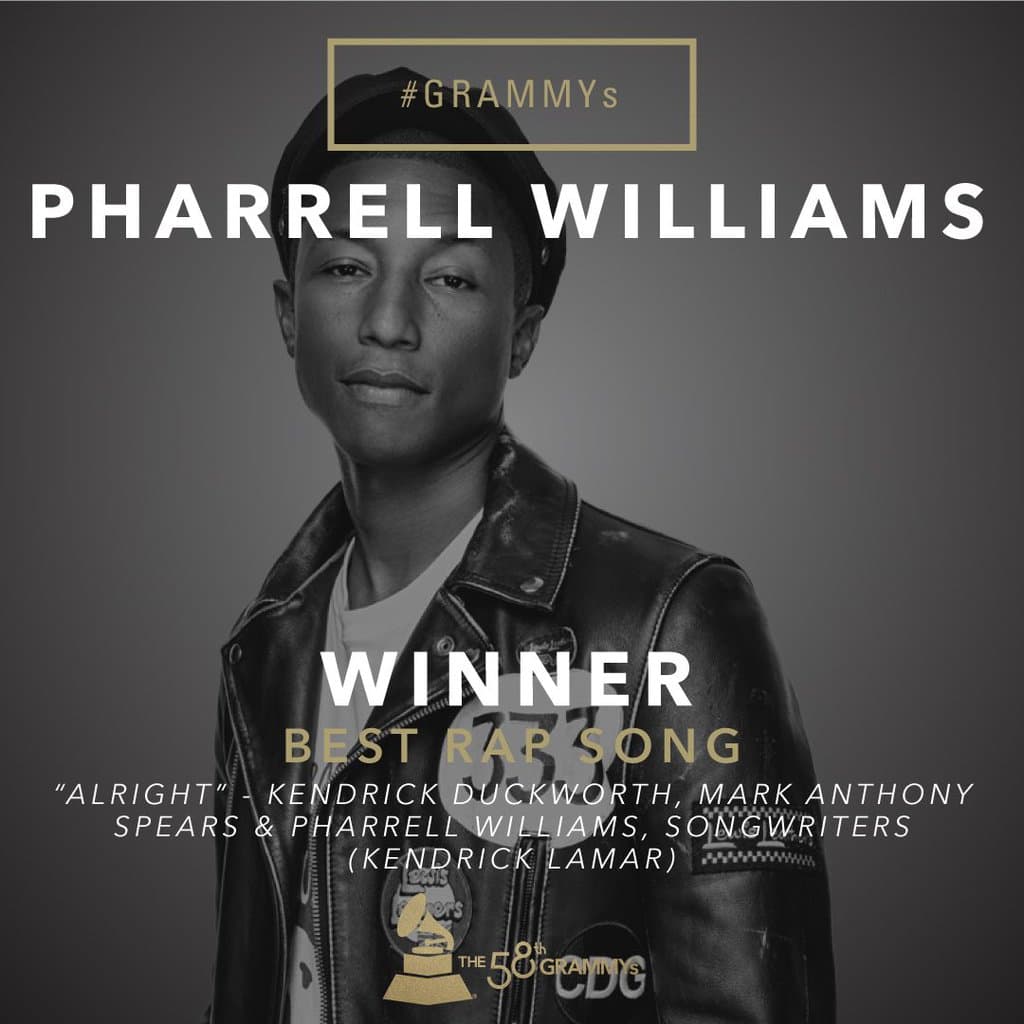 Pharrell Williams se llevó el GRAMMY por Mejor Canción Rap.