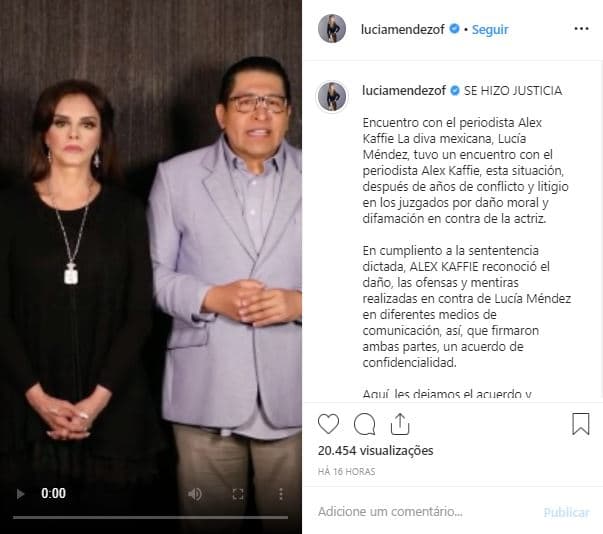 La publicación fue acompañada con el texto: “Se hizo justicia. La diva mexicana Lucía Méndez tuvo un encuentro con el periodista Alex Kaffie, esto después de años de conflicto y litigio en los juzgados por daño moral y difamación en contra de la actriz”. 
<br>