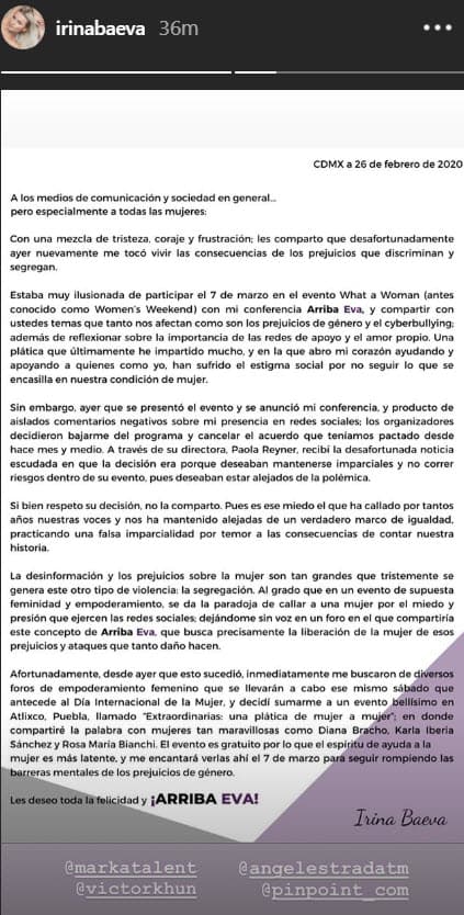 La actriz resaltó que "en un evento de supuesta feminidad y empoderamiento se da la 
<b>paradoja de callar a una mujer por el miedo y presión</b> que ejercen las redes sociales". Aseguró que esta situación la deja "sin voz" para presentar su conferencia 'Arriba Eva', la cual "busca precisamente la liberación de la mujer de esos prejuicios y ataques que tanto daño hacen".
<br>
