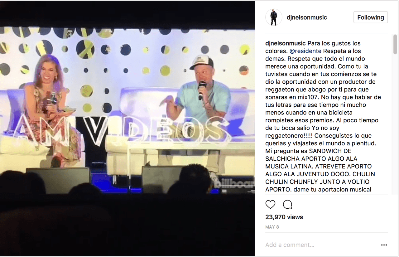 DJ Nelson respondió a través de su cuenta de Instagram a los comentarios de Residente en la conferencia de Billboard.
<br>