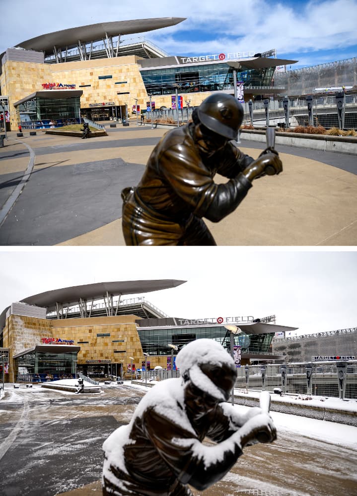Antes y después: en poco más de 24 horas cayeron varias pulgadas de nieve, como se ve en esta imagen frente al estadio Target Field de Minneapolis.