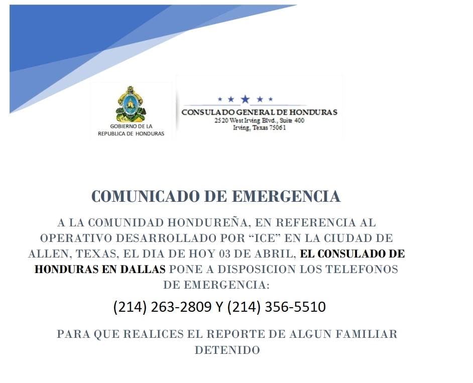 Consulado de Honduras en Dallas emite comunicado de emergencia
