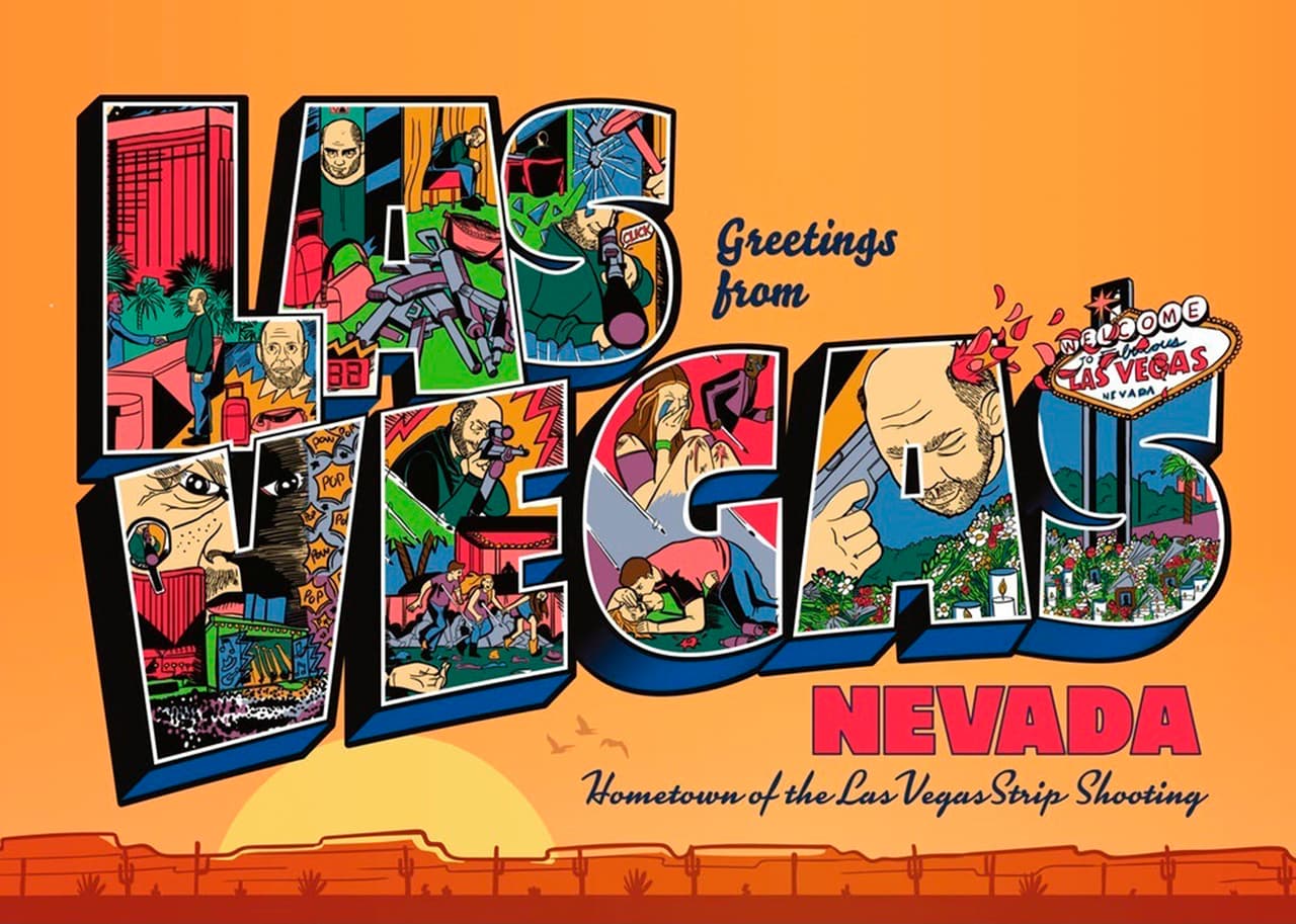 <b>Saludos desde Las Vegas, la ciudad del tiroteo en Las Vegas Strip”</b>. Las ciudades del país ahora son recordadas no por su turismo, parques públicos o arte y cultura, "sino por tiroteos masivos, un fenómeno profundamente perturbador", subraya la campaña. 
<a href="https://www.univision.com/noticias/tiroteos/en-fotos-multiples-muertos-y-heridos-en-un-tiroteo-masivo-cerca-de-un-casino-en-las-vegas-fotos"><u>El 1 de octubre de 2017</u></a> “un hombre de 64 años abrió fuego contra una gran multitud que asistía a un festival de música. Disparó más de 1,000 rondas de munición desde el piso 32 de un hotel, mató a 59 personas inocentes e hirió a otras 868”, se lee en la postal.