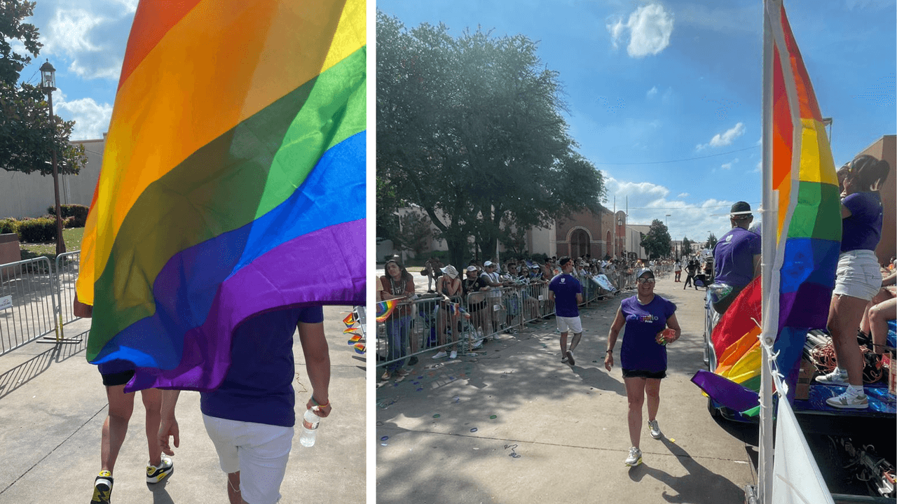 La celebración rodeó el Estadio Cotton Bowl en el Fair Park, mientras los espectadores veían el espectáculo a las orillas y movían sus banderas.