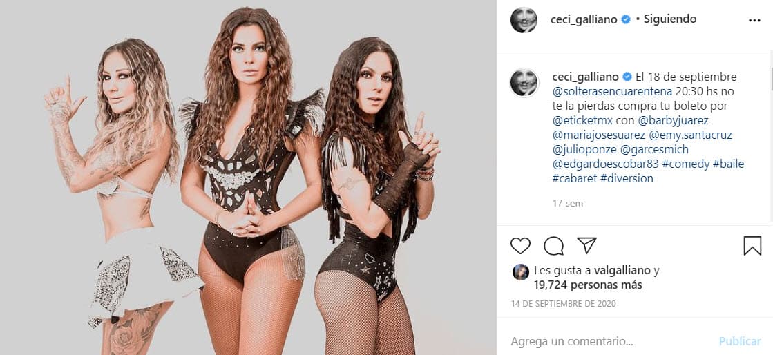 A finales de septiembre y principios de octubre de 2020, 
<b>Cecilia Galliano</b>, la boxeadora
<b> Mariana 'La Barby' Juárez </b>y la presentadora
<b> María José Suáre</b>z, montaron la obra 'Solteras en cuarentena', la cual se transmitió vía 'streaming' en cuatro funciones.
<br>