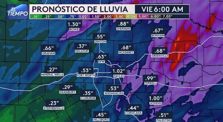 Este es el pronóstico de lluvia para el viernes durante las primeras horas de la mañana. En Dalla se espera 1.02 pulgadas y comunidades en Bowie podrían también verse con 1.30 pulgadas.