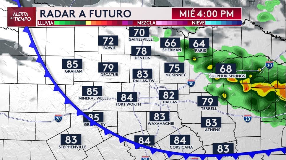 Al final de la tarde, 
<b>los cielos estarán nublados en el norte de Texas</b>, y las lluvias se habrán desplazado hacia el este del estado.