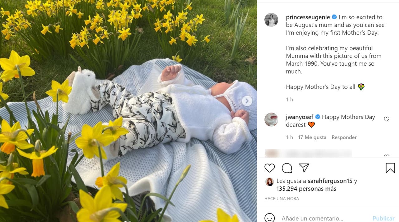 La princesa Eugenie, hija del príncipe Andrés y Sarah Ferguson, también celebró en Instagram este día tan especial: "Estoy muy emocionada de ser la mamá de August y, como pueden ver, estoy
<b><a href="https://www.instagram.com/p/CMZ-DkcFFMf/" target="_blank">disfrutando de mi primer Día de la Madre</a></b>". 