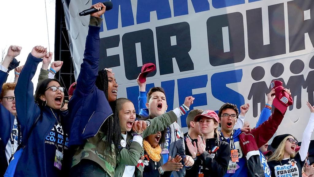 Emma González on stage with Parkland students and other young activists at the March for Our Lives rally in Washington DC, March 24, 2018.
