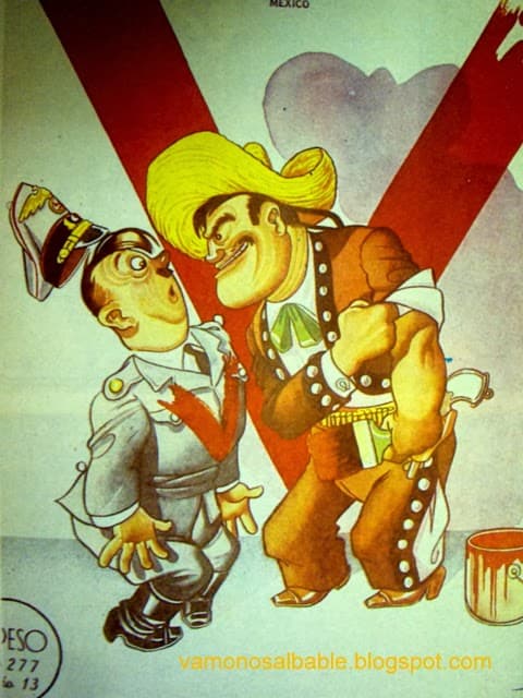 También hubo espacio para el humor que caracteriza a los caricaturistas mexicanos. Aquí un forzudo vestido de charro pinta la 'V' de la victoria (lema del primer ministro británico Winston Churchill) sobre un minimizado Adolfo Hitler.