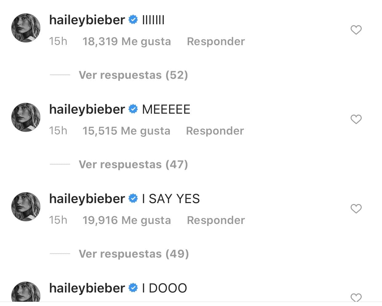 La esposa de Justin Bieber escribió varias publicaciones con los respectivos mensajes: “yo”, “yo digo que sí” “yo lo hago”.
<br>