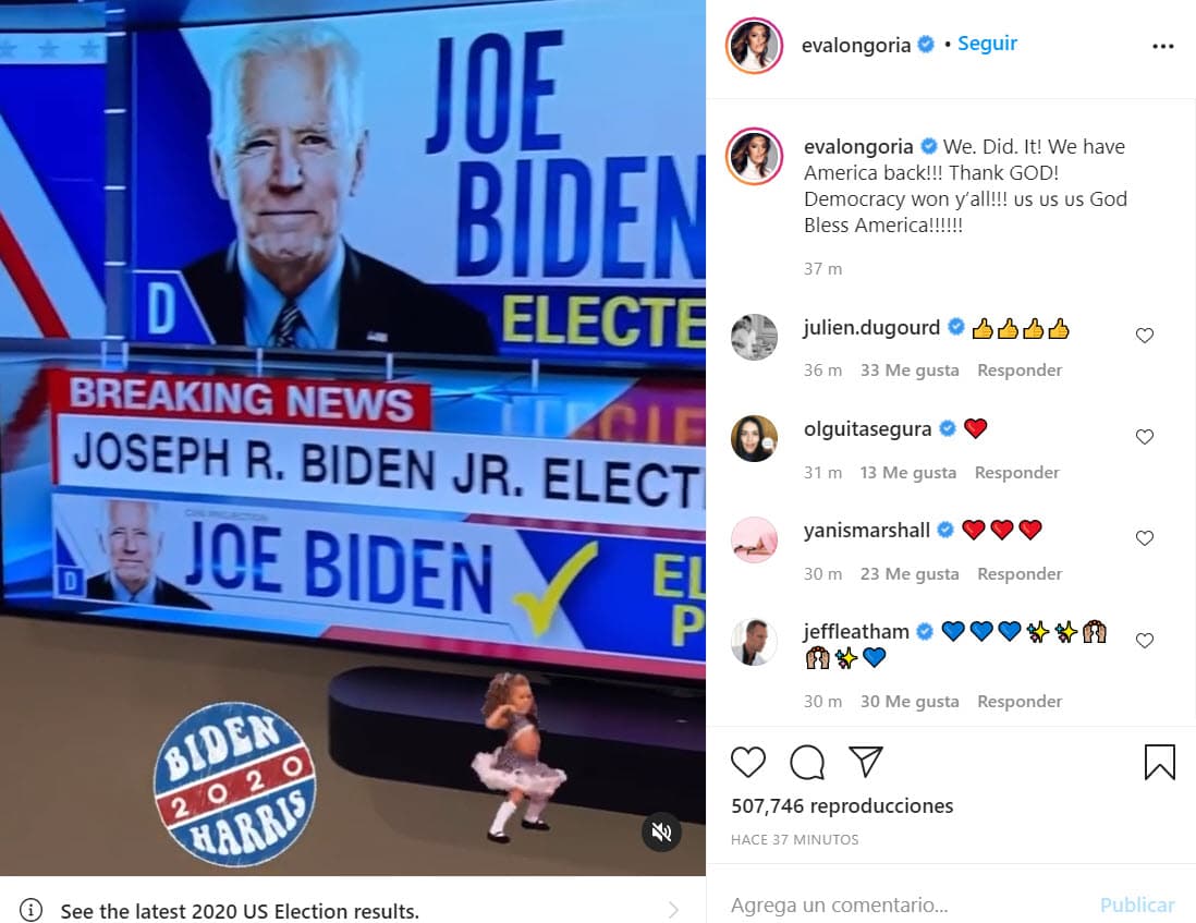 "¡Lo hicimos! Tenemos a Estados Unidos de regreso. Gracias Dios, la democracia ganó", escribió
<b>Eva Longoria</b>.