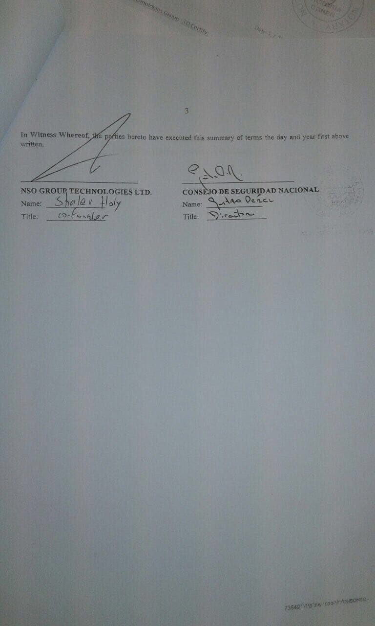 Signature of the terms of the Pegasus purchase agreement by the Martinelli government.