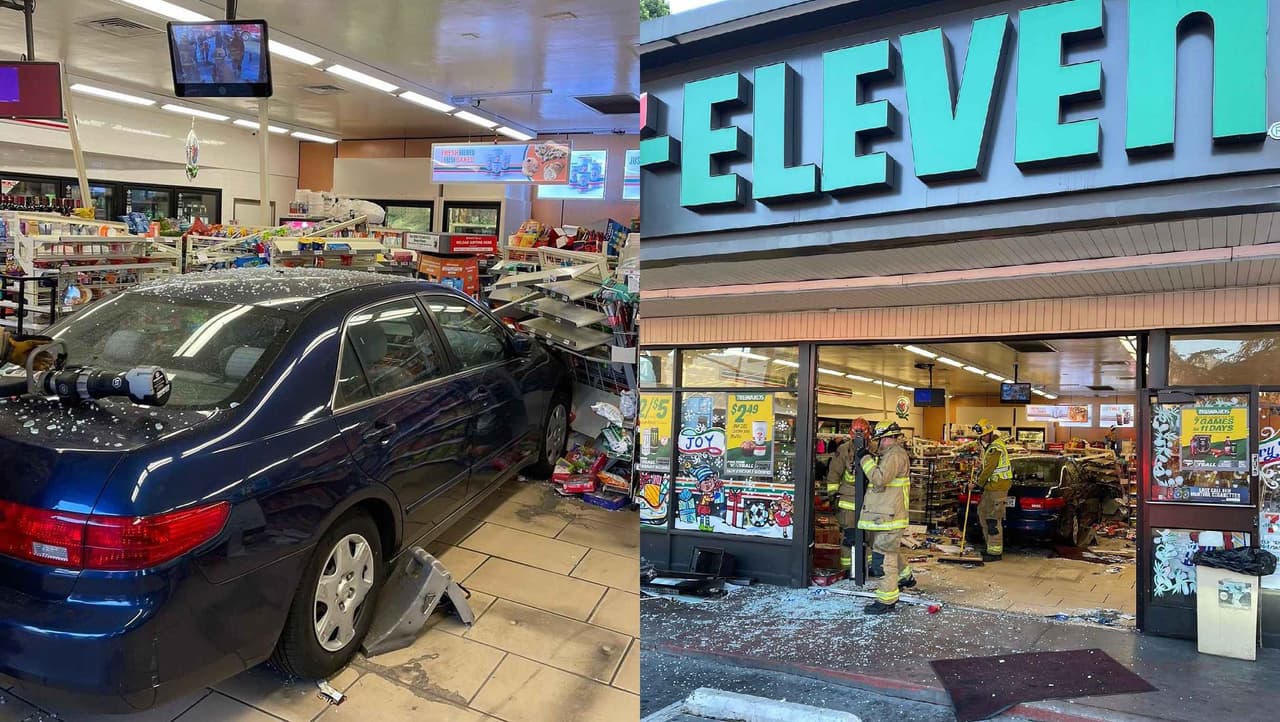 ¿Accidente o intencional? Carro termina dentro de un 7 Eleven en Arcadia