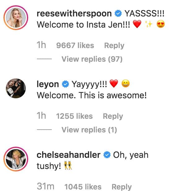 Desde este martes, algunas celebridades como Reese Whiterspoon, Chelsea Handler, Leyon Azubuike y Nick Brown, entre otras, intercambiaron comentarios en Instagram con la actriz.