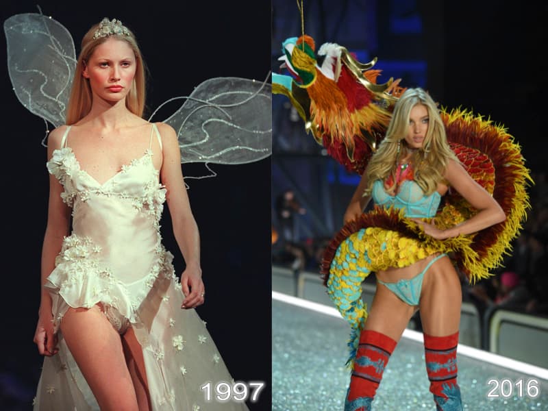 Pero ya no sólo hay alas en el show. La primera vez que se usó un objeto en 3D fue en el show de 2013. La modelo Lindsay Ellingson llevó en sus hombros una especie de coral construído con cristales de Swarovski. En la fotografía, una modelo usa alas de hada (izq), y la modelo Elsa Hosk lleva a cuestas un dragón en el show de 2016.