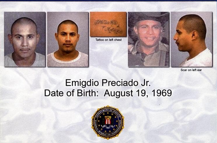 <h3 class="cms-H3-H3">Emigdio Preciado Jr.</h3>
<br>En julio de 2009, Preciado -miembro 485 de la lista de los más buscados- 
<b><a href="https://www.fbi.gov/wanted/topten/topten-history/hires_images/FBI-485-EmigdioPreciado.jpg/view" target="_blank">fue arrestado sin incidentes en Nayarit, México</a></b> (en el occidente del país) por el FBI y autoridades locales.
<br>
<br>Preciado era miembro de una violenta pandilla callejera de California.