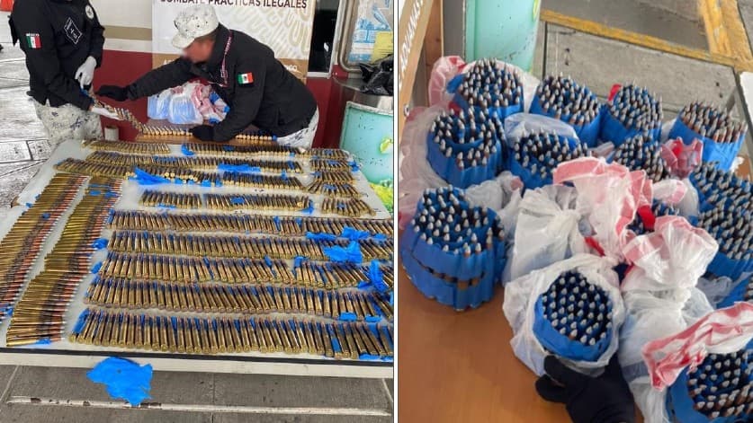 Imágenes compartidas por la Guardia Nacional de México en las que se observan las 996 municiones incautadas en el paso fronterizo Ignacio Zaragoza, entre Brownsville y Matamoros, el 31 de octubre de 2023.