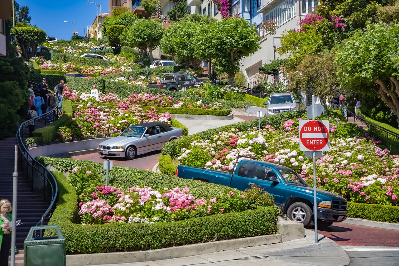 <b>Lombard y Steiner Street (San Francisco, California, Estados Unidos)</b>
<br>
<br>Dos calles se destacan especialmente en esta ciudad del centro de California. La calle Lombard (en la foto) se ha convertido en uno de los sitios más visitados de la ciudad y los turistas se reúnen para ver cómo los conductores se abren paso a través de sus peculiares curvas.
<br>
<br>La otra calle emblemática es Steiner Street, con sus casas de estilo victoriano bellamente pintadas en colores pasteles. 
<br>
