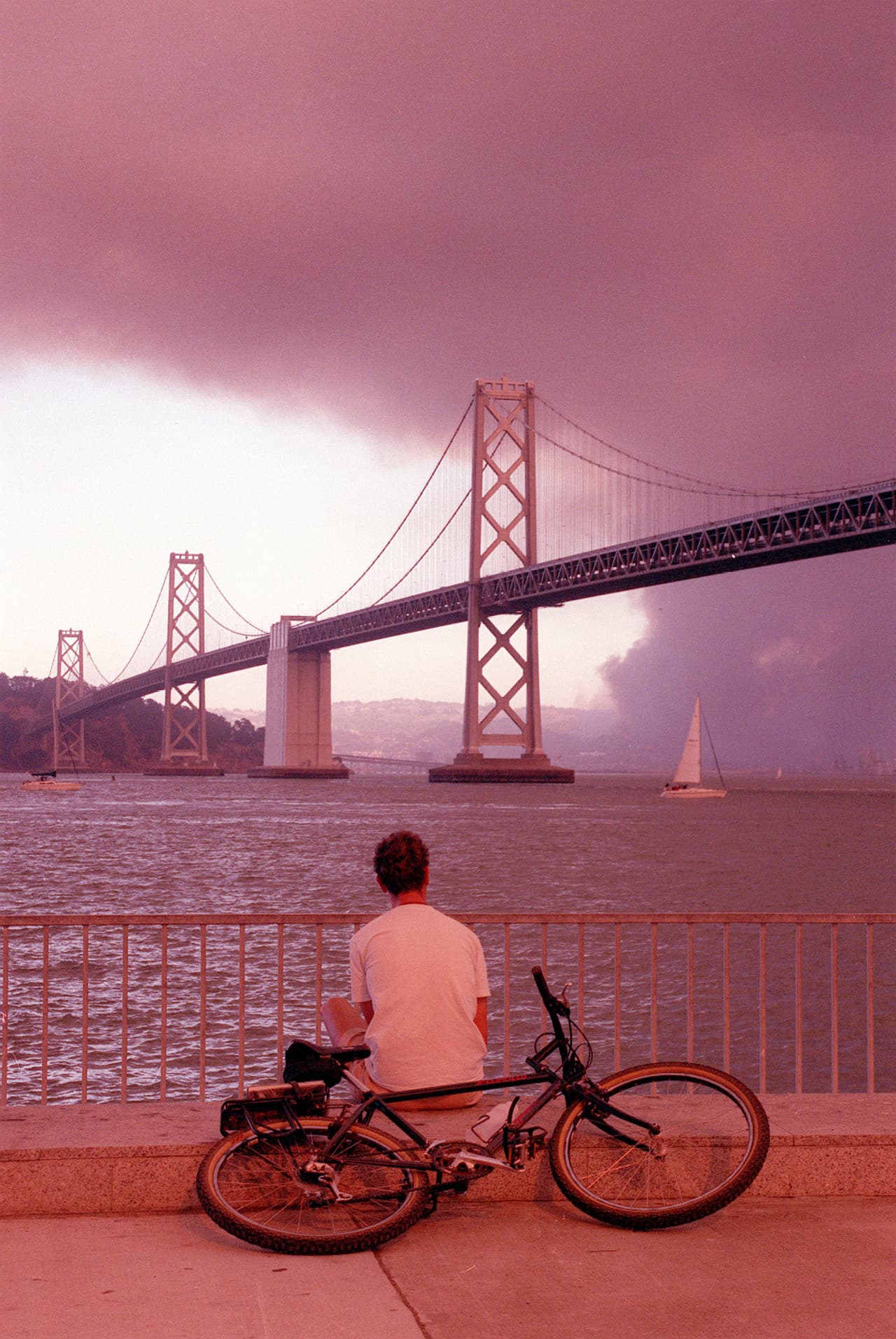 El fuego fue controlado finalmente hasta el 23 de octubre y su nombre oficial fue Tunnel Fire, que consumió más de 1,500 acres.
<br>
<br>En la foto, Preston Wilson, de San Francisco, observa las espesas columnas de humo que se elevan sobre el puente de la bahía de San Francisco-Oakland por el incendio al otro lado de la bahía la tarde del domingo 20 de octubre de 1991.
<br>
<br>
<br>