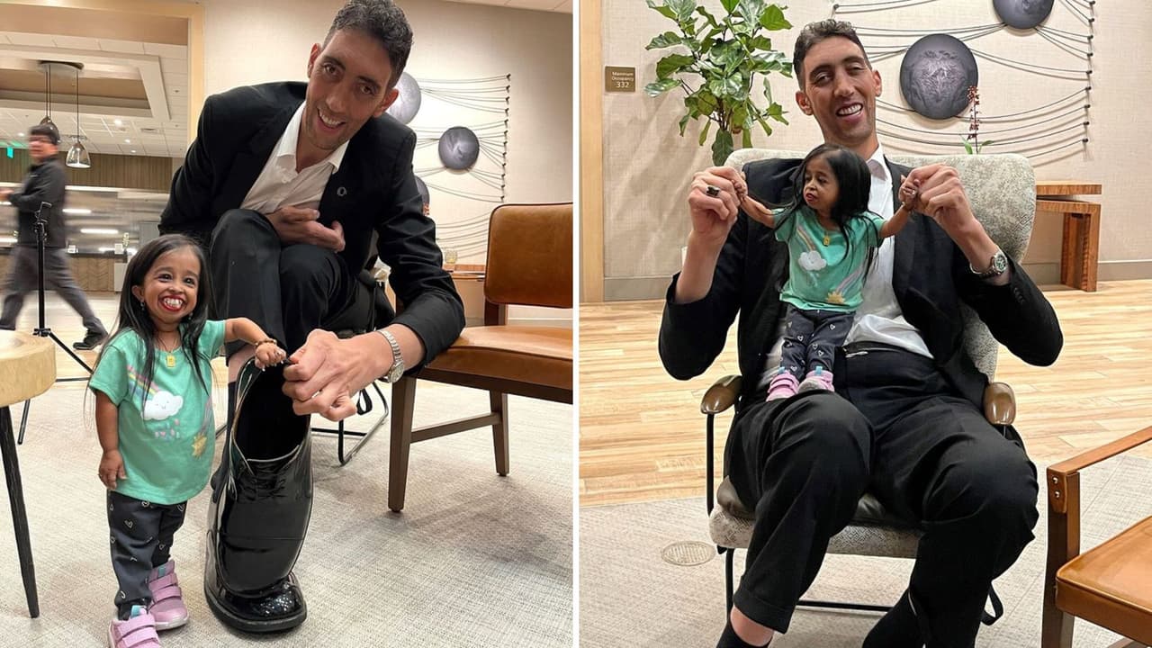 El hombre más alto y la mujer más pequeña causan revuelo con reencuentro.