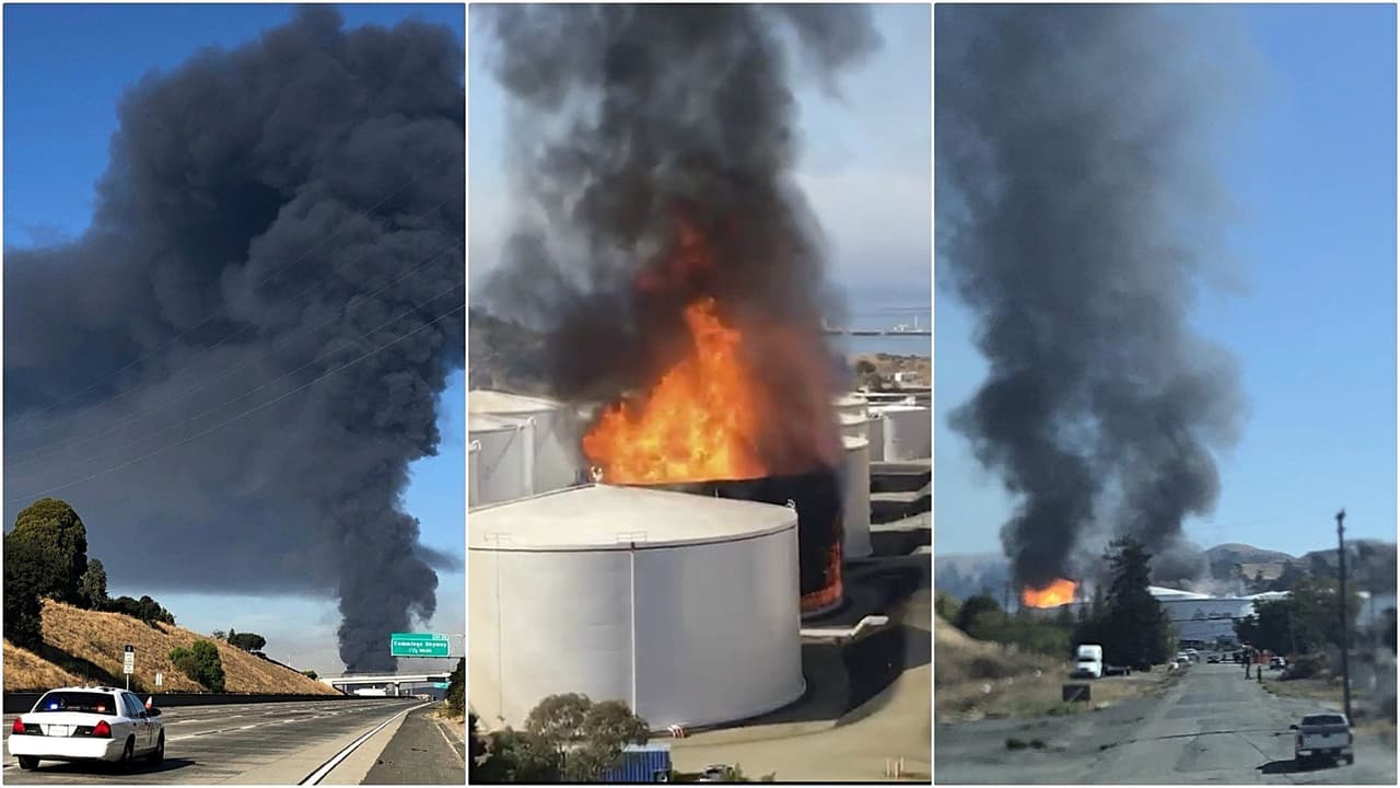 Una columna de humo que se ve en toda la Bahía de San Francisco: así es el incendio en la refinería NuStar (fotos)