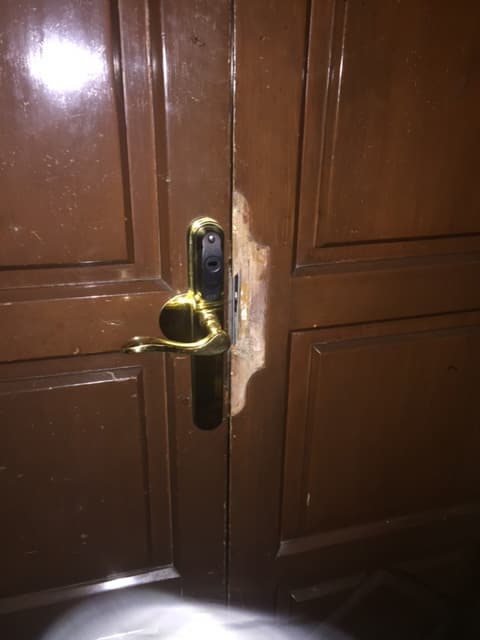 La puerta, iluminada por el flash de la cámara