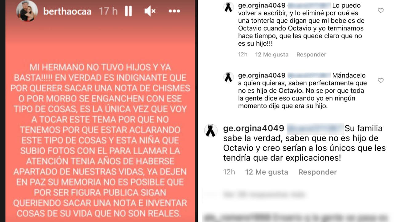 Mensajes que publicaron Bertha Ocaña y Georgina 'Yoyis' García sobre la supuesta paternidad de Octavio Ocaña.