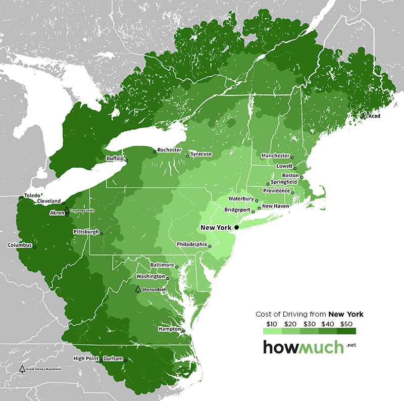 Mapa que muestra el costo de conducir desde New York.