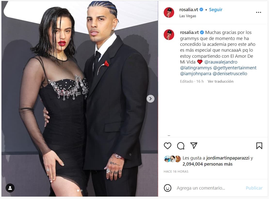“Muchas gracias por los Grammys que de momento me ha concedido La Academia, pero este año es más especial que nunca porque lo estoy compartiendo con El Amor De Mi Vida”, escribió ella en el post.
<br>