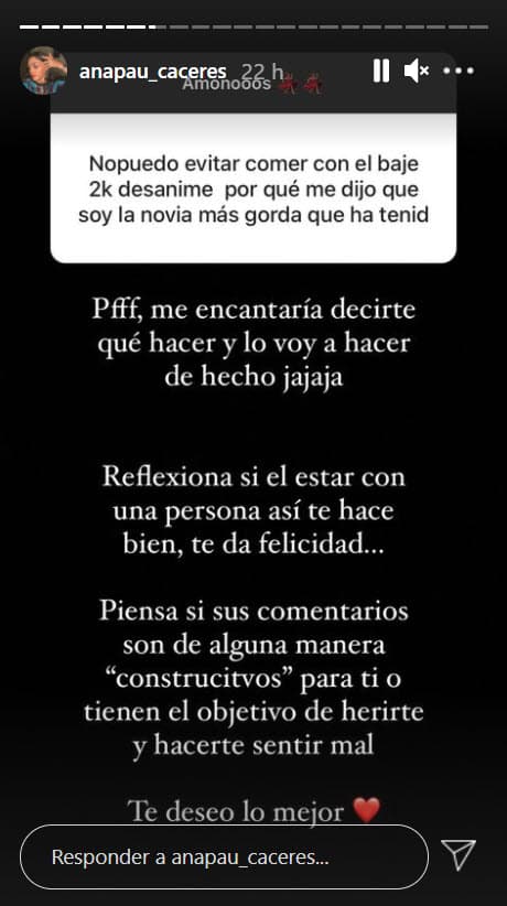 Ana Paula aprovechó la dinámica para darle un consejo a una seguidora que sufre de 'bullying' de parte de su novio por su peso.
<br>
