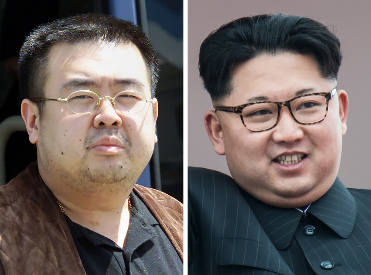 This combo shows a file photo (L) taken on May 4, 2001 of a man believed to be Kim Jong-Nam, son of the late-North Korean leader Kim Jong-Il, getting off a bus to board an All Nippon Airways plane at Narita airport near Tokyo and a file photo (R) of his half-brother, current North Korean leader Kim Jong-Un, on a balcony of the Grand People's Study House following a mass parade in Pyongyang on May 10, 2016. The half-brother of North Korean leader Kim Jong-Un, who has been murdered in Malaysia, pleaded for his life after a failed assassination bid in 2012, lawmakers briefed by South Korea's spy chief said on February 15, 2017. Jong-Nam, the eldest son of the late former leader Kim Jong-Il, was once seen as heir apparent but fell out of favour following an embarrassing botched bid in 2001 to enter Japan on a forged passport and visit Disneyland. / AFP / Toshifumi KITAMURA AND Ed JONES (Photo credit should read TOSHIFUMI KITAMURA,ED JONES/AFP/Getty Images)