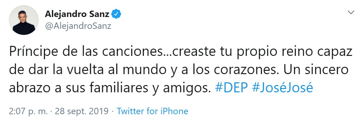 Alejandro Sanz fue uno de los cantantes que externó su tristeza resaltando que creó su "propio reino capaz de dar la vuelta al mundo".