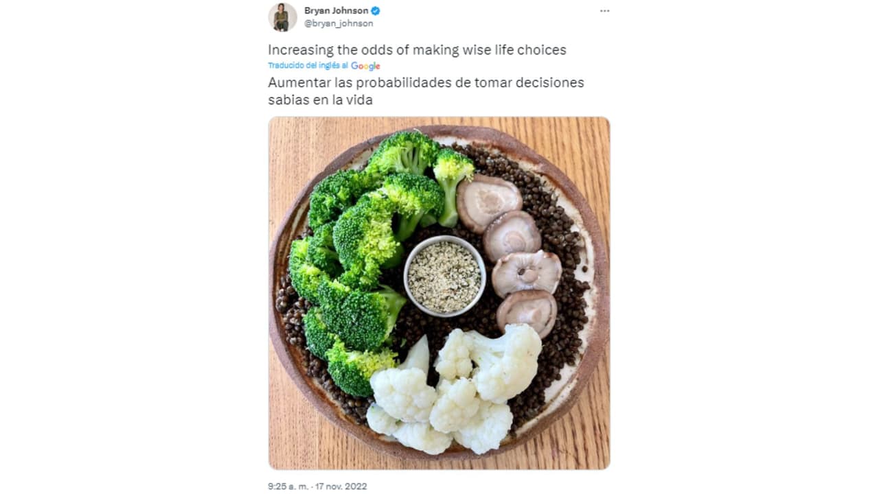 Bryan Johnson publica sobre su dieta en Twitter