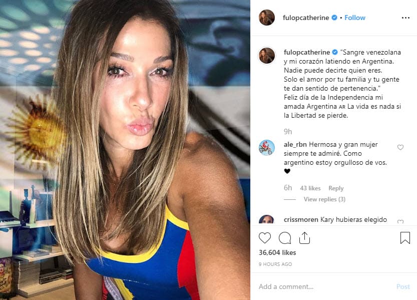 Este 9 de julio, Día de la Independencia de Argentina, la actriz compartió una fotografía en donde viste una blusa con los colores de Venezuela, pero con el fondo de la bandera argentina.
<br>