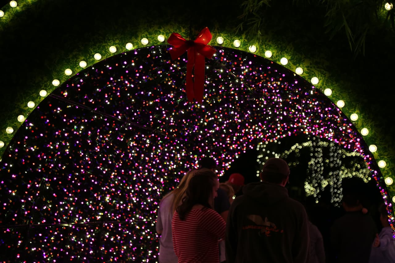 Los visitantes al parque hacen largas filas para fotografiarse dentro de un túnel repleto de pequeños focos que cambian de colores.