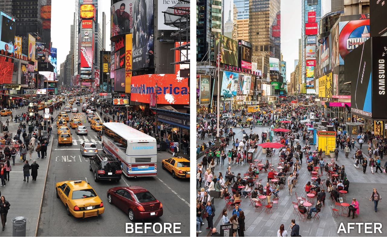 Los rediseños de Times Square han ido progresivamente dando más espacio a los peatones y menos a los autos.