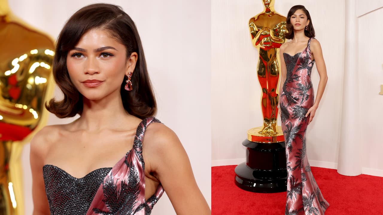 Zendaya desfiló con un vestido rosa y plateado con estampado de palmeras de Armani Pirvé y joyas de Bulgari.