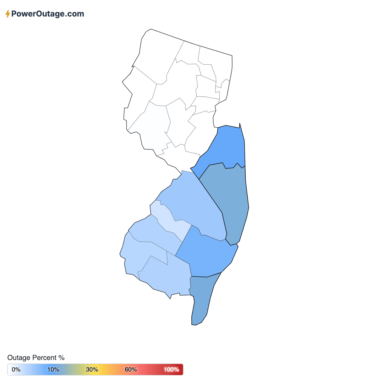 El condado más afectado es el de Ocean.