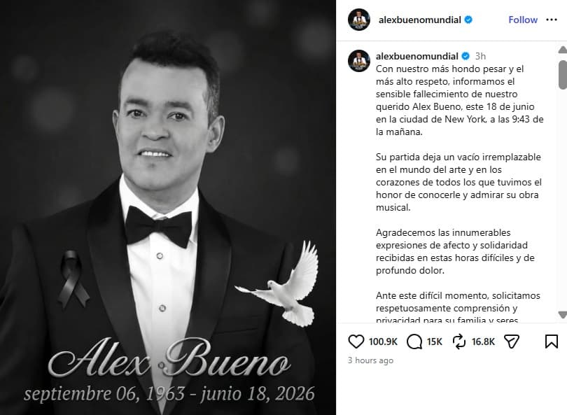 Dieron a conocer la muerte de Alex Bueno por medio de un comunicado.