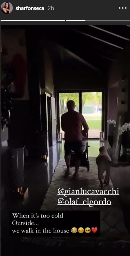 En sus historias de Instagram, Sharon compartió que cuando el clima no lo permite, hace 
<b>caminata dentro de su residencia</b> junto a su pareja Gianluca Vacchi, 
<a href="https://www.univision.com/famosos/estas-son-las-primeras-fotos-de-la-hija-de-sharon-fonseca-y-gianluca-vacchi-en-instagram-fotos">su hija Blu</a> y sus mascotas.
<br>