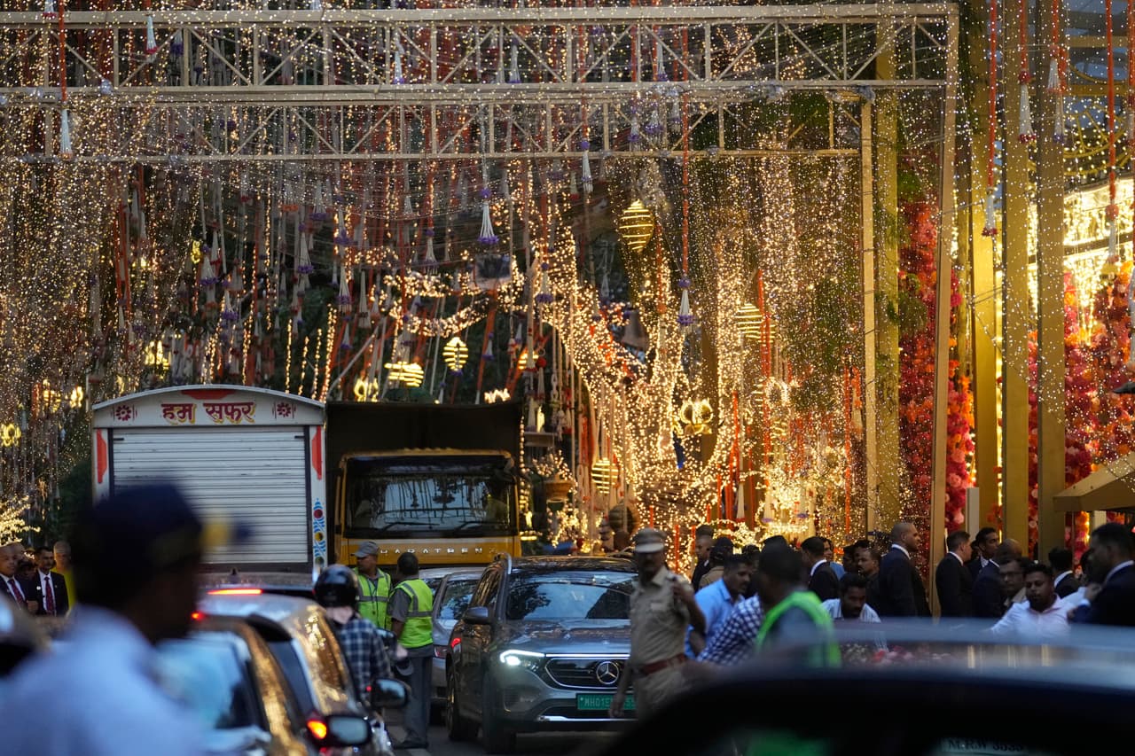 FILE - Decorations are seen outside Antilla, the residence of Mukesh Ambani, during a pre-wedding ceremony of his son Anant Ambani and Radhika Merchant, in Mumbai, India, Wednesday, July 3, 2024. (AP Photo/Rafiq Maqbool, File)